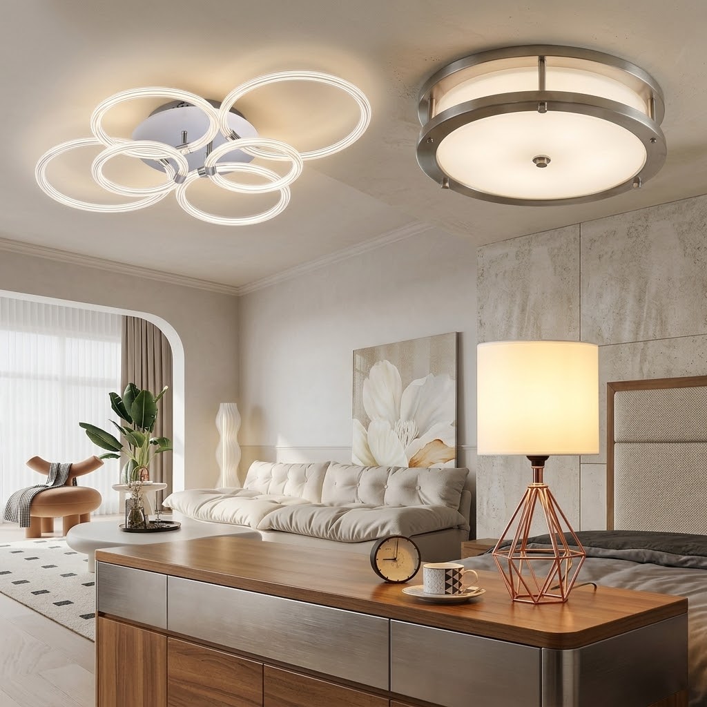 Kinetic lighting in use: a six-ring LED ceiling sculpture, a brushed nickel flush mount fixture and a copper table lamp with a linen shade.