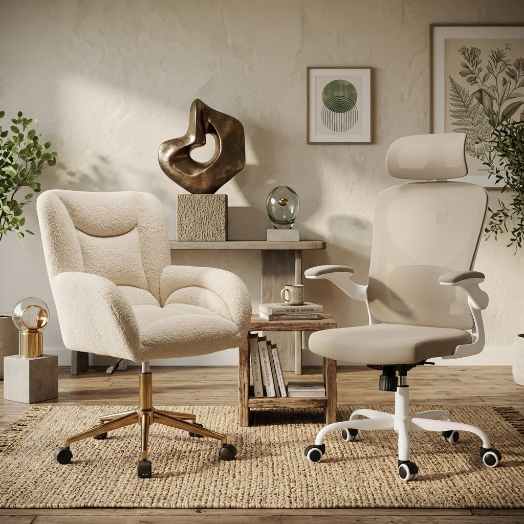 A bouclé executive swivel chair on a brass base beside a white high-back mesh workstation chair, in a light home office.