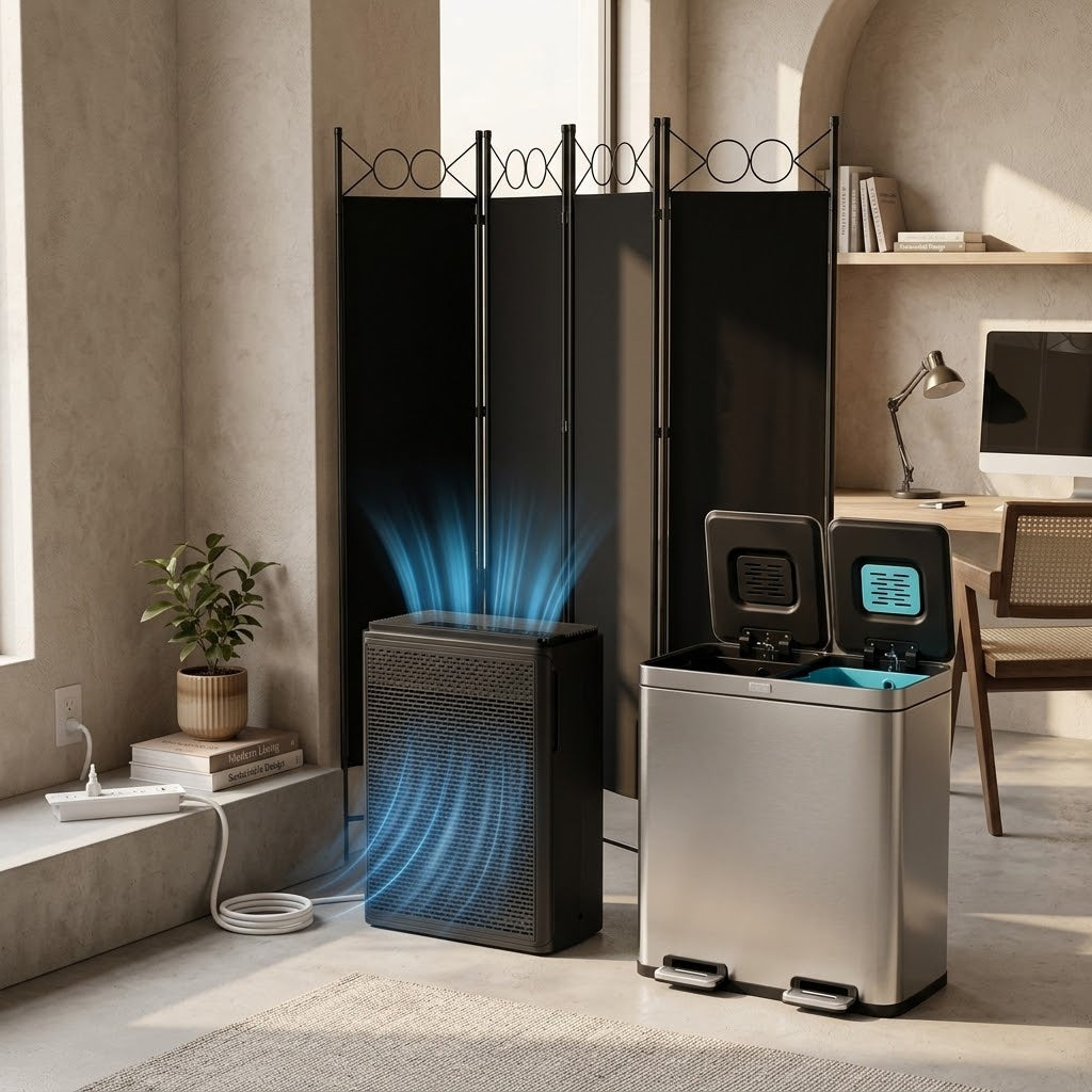 Kinetic workspace essentials arranged in a corner: a four-panel room divider, an air purification station and a dual-compartment recycling station.