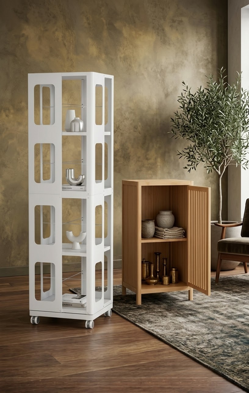 A white 360-degree rotating steel tower shelf on casters next to a slatted bamboo storage console.