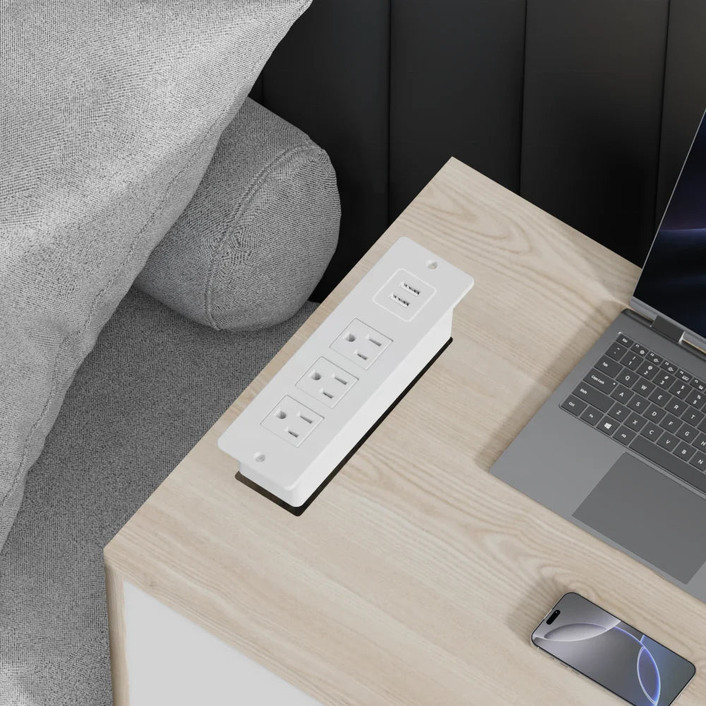 Kinetic Flush Mount Desk Power Strip - 3 AC & 2 USB Ports