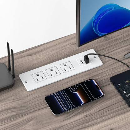 Kinetic Flush Mount Desk Power Strip - 3 AC & 2 USB Ports