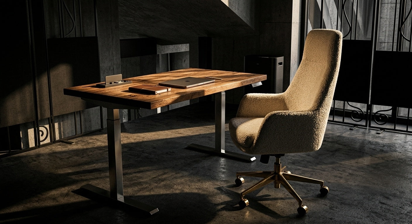 Height-adjustable wood and steel desk with a bouclé chair in a raw concrete studio, lit by daylight