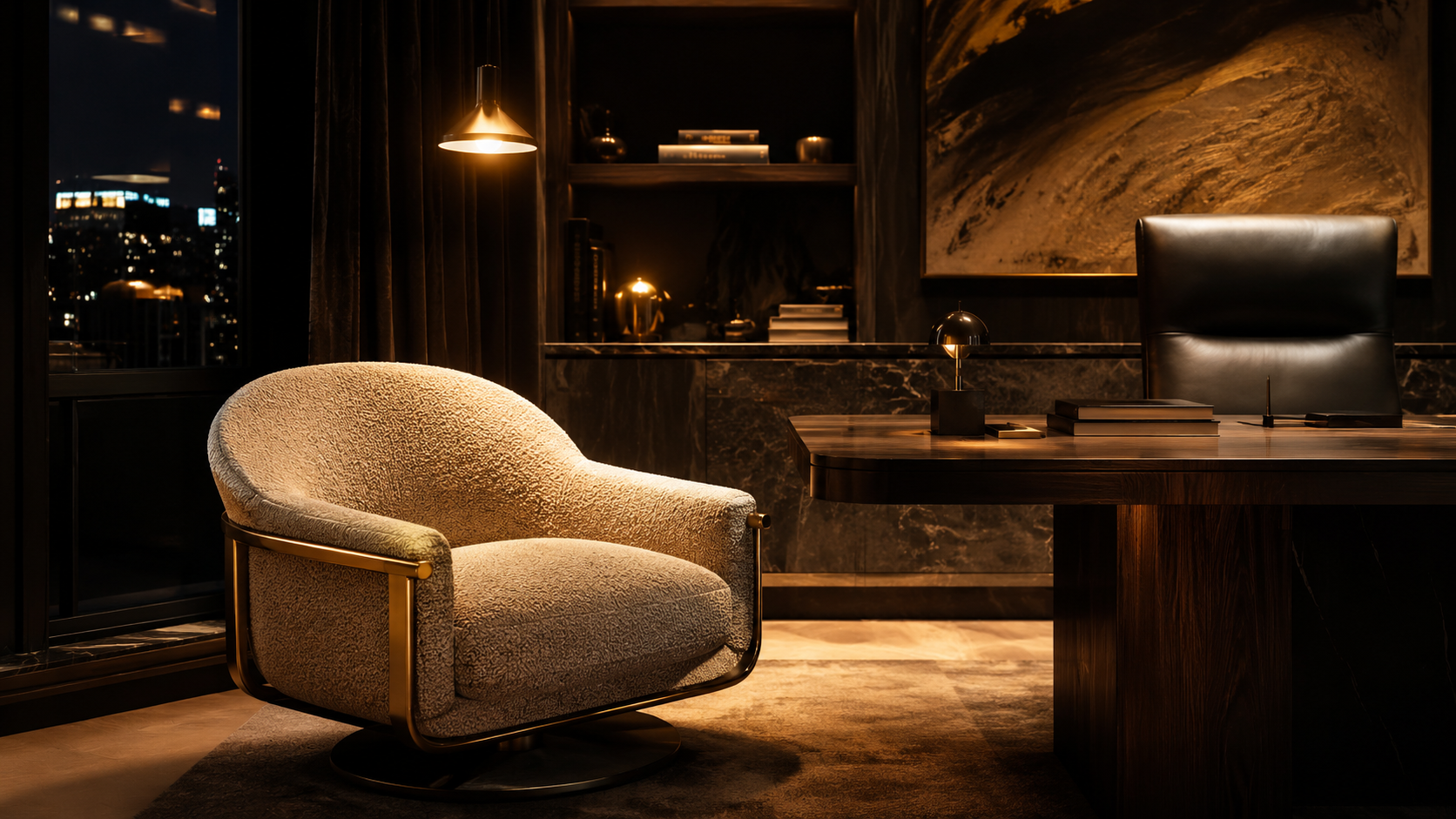 Executive home office at night with a cream bouclé armchair, city view and warm golden lighting