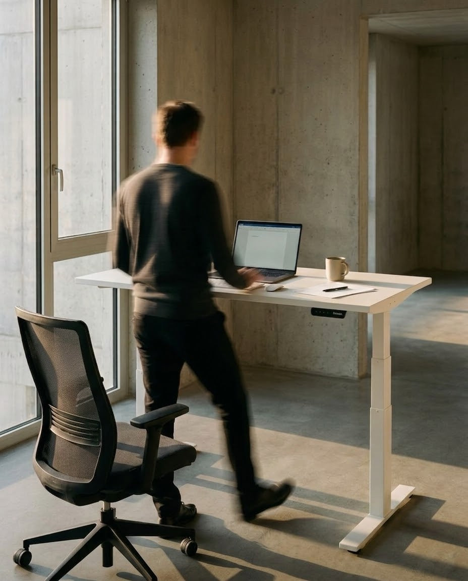 A person at a Kinetic height-adjustable desk raised to standing height, caught mid-movement in late afternoon light in a concrete studio, with the mesh chair pushed back behind them