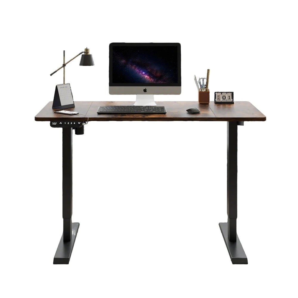 The Kinetic 55-inch motorized executive desk with rustic brown surface and steel frame